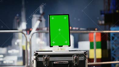 Vertical green screen tablet on empty oil rig connected to a dashboard