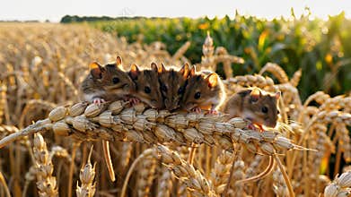 Three Little Mice on Wheat Stalks in Sunny Field
