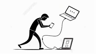 Stick Figure Connecting Laptop and Tablet V?a Digital White Background