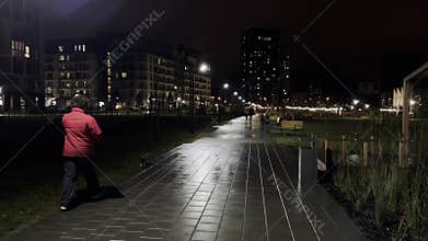 Person walking dog at night in city park along illuminated