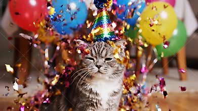 Happy Cat Wearing Party Hat Sits Confidently in Front of Colorful Balloons, Perfectly Capturing Joy and Celebration Concept,
