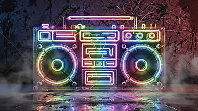 Neon rainbow boombox playing loud music