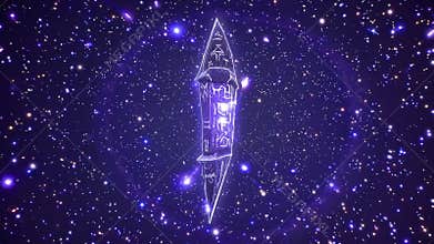Glowing rune obelisk floating in space, mystical artifact suspended against star field, rotating slowly with carved
