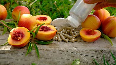 Peach kernel oil and supplements. Selective focus.