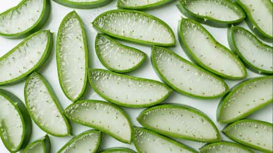 Freshly Cut Aloe Vera Slices on White Surface, Close Up