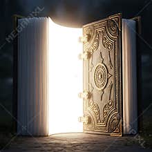 Mystical glowing ancient book opens to reveal brilliant divine light and untold secrets