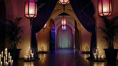 Elegant interior with arched hallway and warm candlelight ambiance