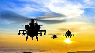 Missile attack at sunset by Gunship Helicopters
