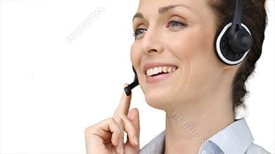 Woman using a headset to talk to a customer