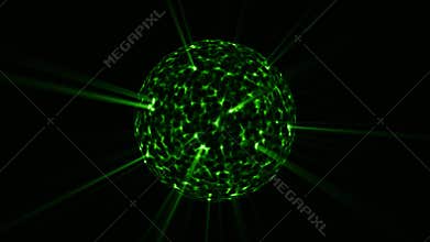 Looped animation of green energy sphere with cellular surface patterns and radioactive light rays on a dark background