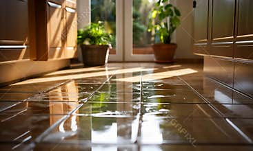 Warm sunlight reflects on a wet glossy tiled floor in a modern home kitchen