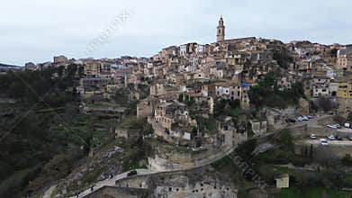 Bocairent, Shooting from the sky, a drone flies over an ancient historical city,