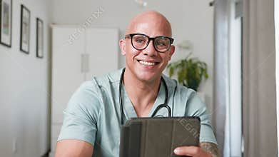 Smiling Medical Professional Using Digital Tablet For Patient Care And Consultation