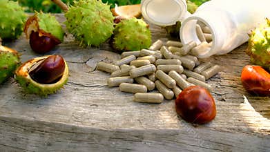 Horse chestnut tincture and supplements. Selective focus.