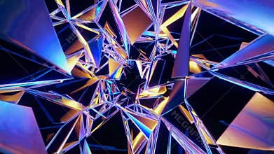 neon triangular network forms kaleidoscopic tunnel, mirrored facets reflect blue and amber lights, immersive geometric