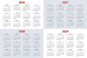 Calendar planner for 2026, 2027, 2028, 2029 year. Calendar design, 12 months 2026-2029. Professional planner template
