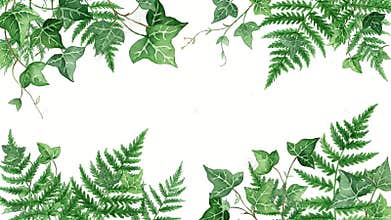 Minimalistic white background framed by lush tropical green leaves at the corners