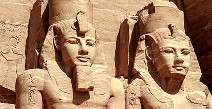 Ancient statues of Pharaoh Ramses II carved in stone at Abu Simbel temple