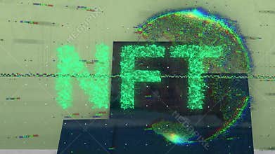 Animation of nft, graph and globe over screen with hands of man writing
