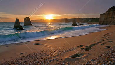 Sunset ocean view at the beach, Generative AI