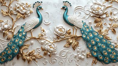 Elegant Peacock Relief with Floral Motifs, Golden Ornate Branches and Pearls