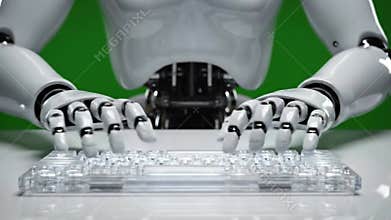 Robot Typing on Transparent Keyboard on Green Screen Background, White Table, Metal and Plastic Body Parts, White Table