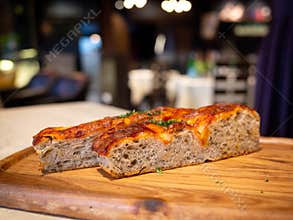 Toasted Focaccia Bread Slices on Wooden Board