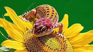 Leopard Gecko on Sunflower with Green Screen Background Macro Detailed Footage Colorful Scales Reptile Exotic Pet Animated Nature
