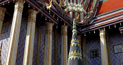 Close up view of architecture of Wat Phra Kaew, Temple of the Emerald Buddha. The Grand Palace in Bangkok, Thailand