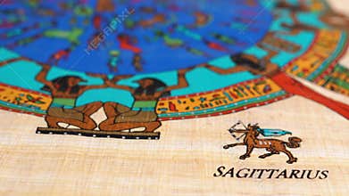 Egyptian zodiac papyrus with Sagittarius sign, colorful ancient astrological chart, detailed hieroglyphs, traditional art
