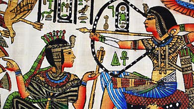 Ancient Egyptian papyrus art depicting pharaoh, queen with hieroglyphs, traditional colorful painting, gold details, royal figures