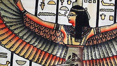 Egyptian goddess Isis with outstretched wings on papyrus, hieroglyphs, ancient Egyptian art, colorful traditional painting