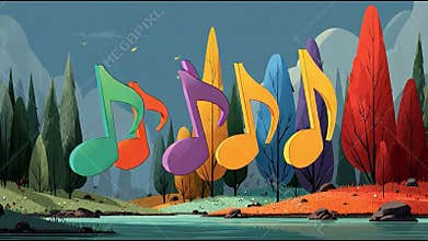 Animated Colorful Musical Notes Floating in a Vibrant Cartoon Landscape