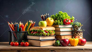 School lunch still life with books, pencils, apples, sandwich, and vegetables on a wooden table.
