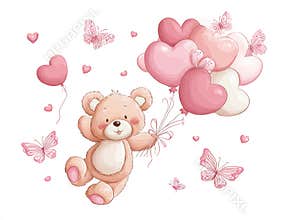 A cute, pink teddy bear floating with heart-shaped balloons and scattered hearts in a pastel illustration on a white background