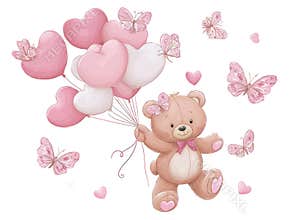 illustration of a cute teddy bear, pink balloons, and butterflies against a light gray background The teddy bear is in pastel