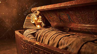 Golden sarcophagus of an egyptian pharaoh mummy in tomb