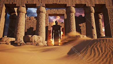 Ancient egyptian mummy walking from temple ruins