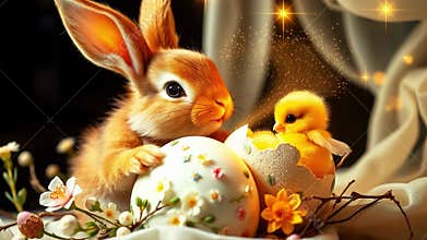 Easter bunny and Easter chicks in eggshells