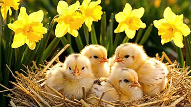 Fluffy Yellow Baby Chicks in Nest with Spring Daffodils