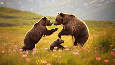 Funny bears playing in field together. Generative AI