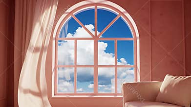 Dreamy Pink Living Room Bathed in Sunset Light with an Arched Window View