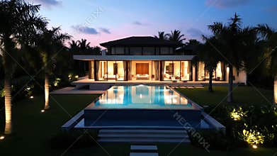Luxury Villa with Swimming Pool at Twilight in Tropical Landscape Palm Trees Reflective Water Illuminating Facade and