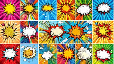 Comic book style explosion backgrounds in various vibrant colors, pop art style.