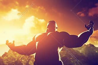 Muscular strong man with hero, athletic body shape expressing his power and strength