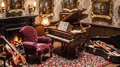 Luxurious Vintage Music Room With Ornate Portraits, Fireplace, Red Velvet Chair, and Various Musical Instruments Display