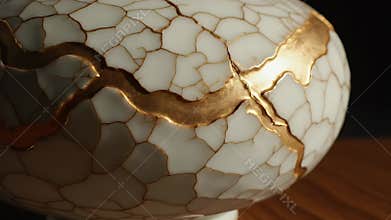 Macro Close-Up of a Cream Crackle-Glaze Ceramic Vessel with Gold Vein Detailing and Warm Wood Surface