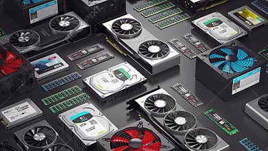 PC computer hardware components in a row. 3d animation