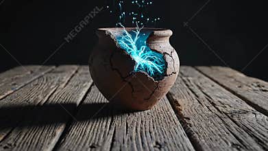 A lone cracked clay plant resting on weathered wooden table with glowing blue energy seeping through the break