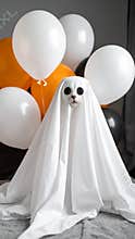 Cat dressed as a ghost with balloons for Halloween celebration